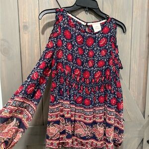 Floral Cold Shoulder Top - Red and Blue